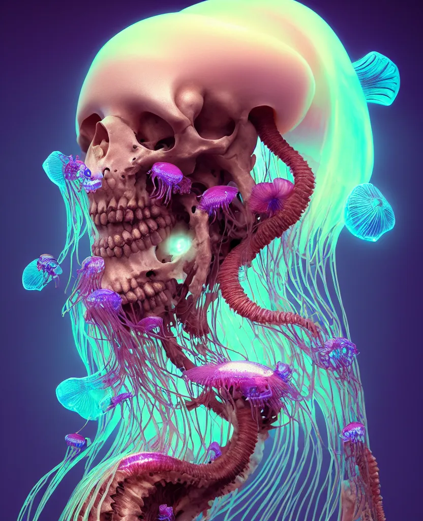 Image similar to goddess close - up portrait human skeleton, ram skull, jellyfish, orchid, betta fish, bioluminiscent, intricate artwork by tooth wu and wlop and beeple. octane render, trending on artstation, greg rutkowski very coherent symmetrical artwork. cinematic, hyper realism, high detail, octane render, 8 k