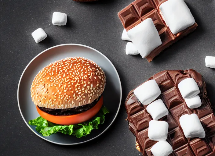 Prompt: dslr food photograph of burger with marshmallows and a chocolate bar in it, 8 5 mm f 1. 8