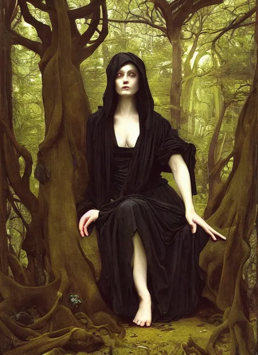 Prompt: a painting of the witch in a black robe in the forest of swirly trees, a flemish baroque by roberto ferri, tom bagshaw, austin osman spare, william waterhouse, vermeer. cgsociety, classical realism, flemish baroque, chiaroscuro, an ultrafine detailed painting.