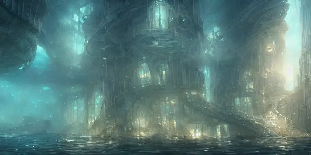 Prompt: underwater city, style epic, symmetrical, insanely detailed, style of charlie bowater, role thomas style ocatne render, artstation trend, hyper detail, epic art style, cinematic, concept art