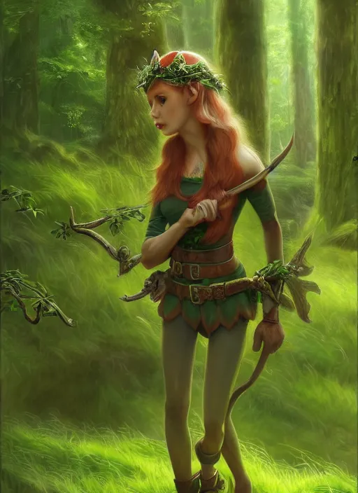 Image similar to elf in lush forest, high detail, 4 k, concept art, realism style