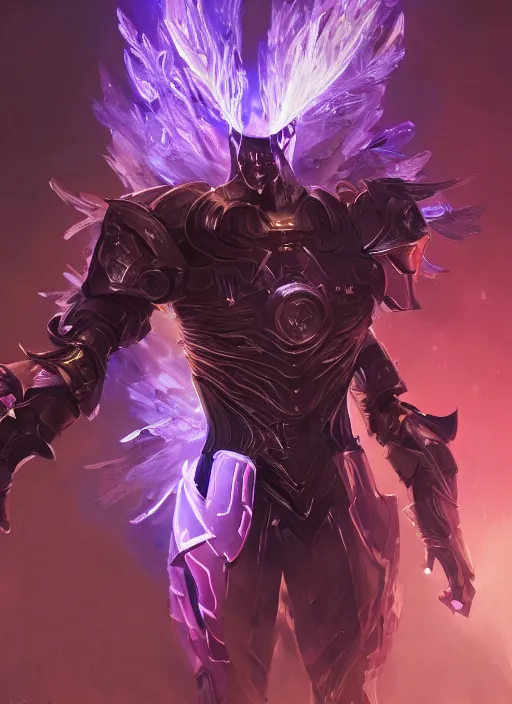 Image similar to a highly detailed illustration of futuristic cyber knight with flaming plume with arm blades, rigid bulky armor, glowing purple line cracks in armor, dramatic standing pose, intricate, elegant, highly detailed, centered, digital painting, artstation, concept art, smooth, sharp focus, league of legends concept art, WLOP