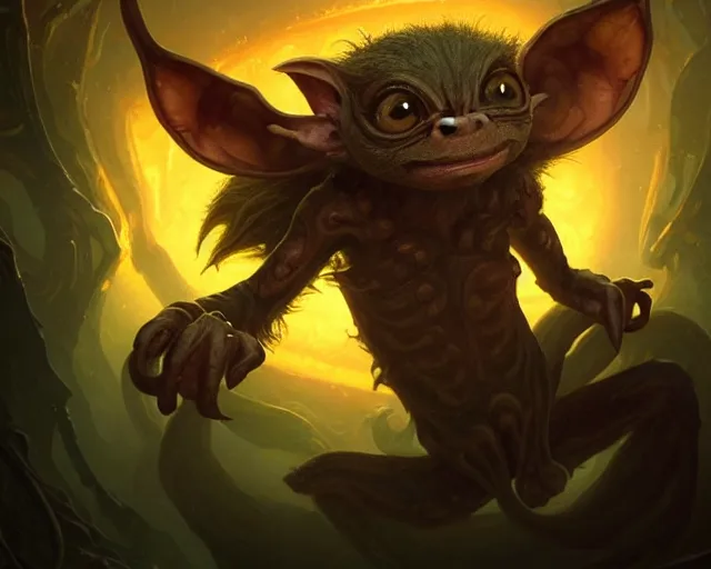 Prompt: a 4 k cinematic screenshot still portrait of a gremlin in a dark liminal space room surrounded by amber glow, deep focus, d & d, fantasy, intricate, elegant, highly detailed, digital painting, art station, concept art, matte, sharp focus, illustration, dark fantasy style art, hearthstone, art by artgerm and greg rutkowski and alphonse mucha