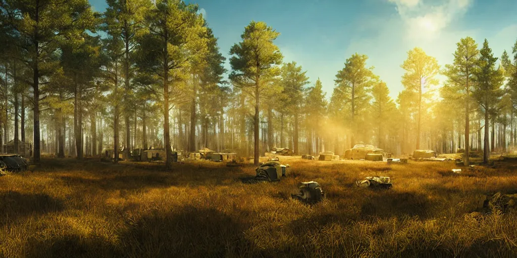 Prompt: army camp in a field near a pine forest, blue sky, sunny, detailed, volumetric, cinematic lighting, realistic, digital art by greg rukowski