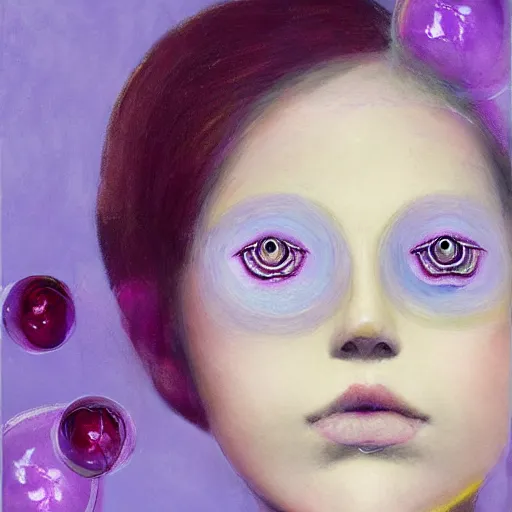 Image similar to a girl with three eyes : : on 5 translucent luminous spheres, full of floral and berry fillings, in an ocean of lavender color by rene margitte