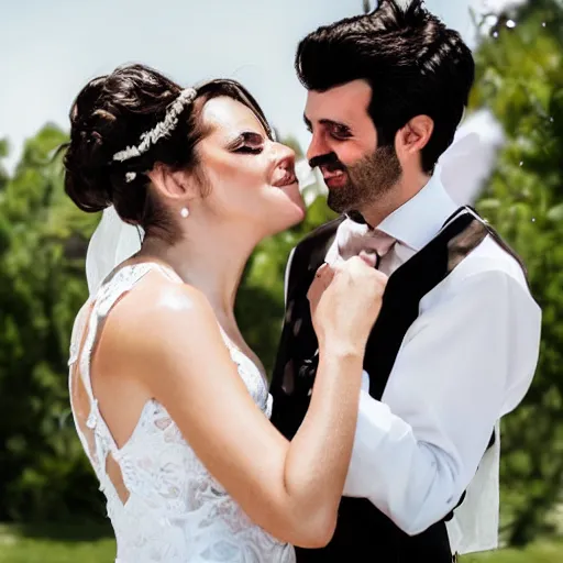 Prompt: digital art of a groom with stubble and bride with dark hair dancing in a sunny day