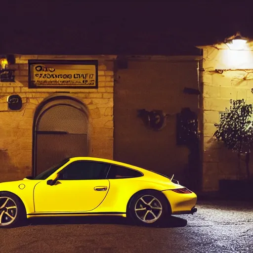 Image similar to Photo of a copper yellow Porsche 911 Carrera 3.2 parked in front of a cafe in Cyprus, night, moonlit, dramatic lighting, award winning, highly detailed