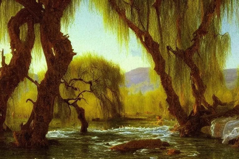 Prompt: oil painting of a detailed willow tree next to a raging river on a sunny day by albert bierstadt