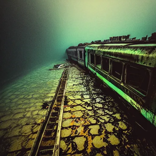 Prompt: abandoned train underwater, creepy
