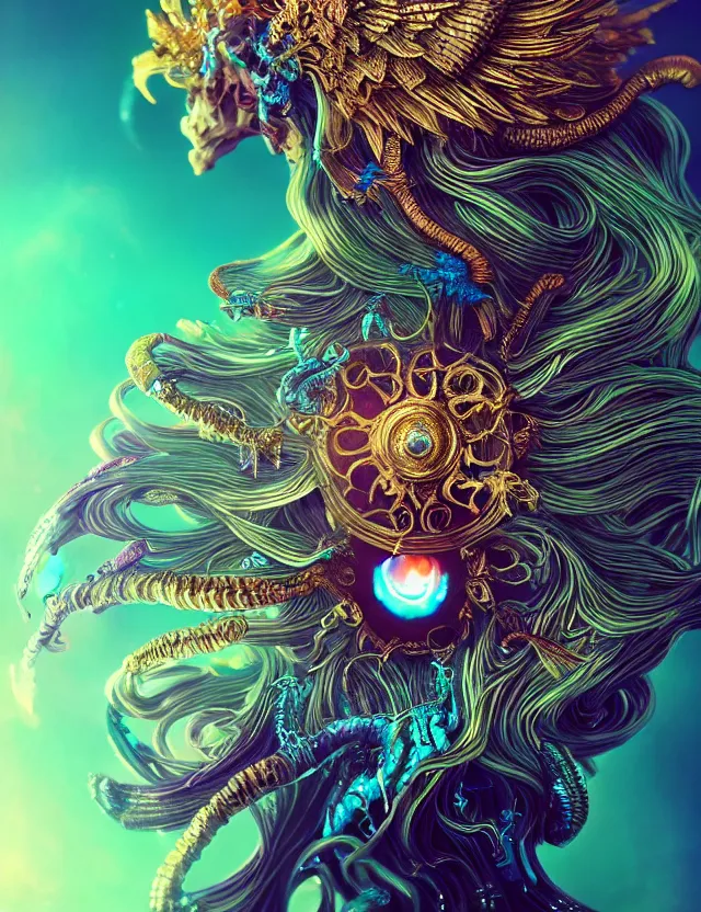 Image similar to goddess phoenix macro close - up portrait with crown made of ram skull. phoenix, betta fish, jellyfish, bioluminiscent, plasma, wind, creature, super intricate ornaments artwork by tooth wu and wlop and beeple and greg rutkowski