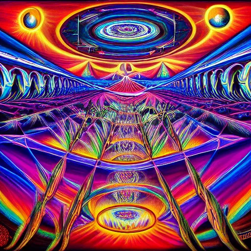 Prompt: beautiful painting of the inside of a dmt cathedral filled with magical energy and infinite rooms by mad dog jones and alex grey