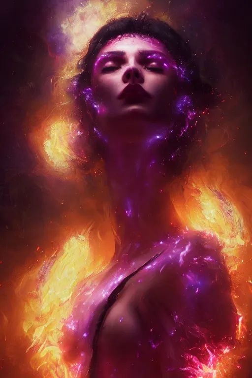 Image similar to a beautiful portrait of a young cosmic Demon women covered in deep purple flames with an intense look on her face by Greg Rutkowski, Sung Choi, Mitchell Mohrhauser, Maciej Kuciara, Johnson Ting, Maxim Verehin, Peter Konig, Bloodborne , 8k photorealistic, cinematic lighting, HD, high details, atmospheric , trending on artstation