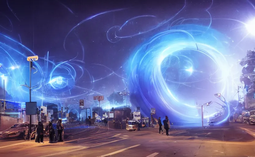 Prompt: people with posters attacking cops, a huge blue spiral - shaped white luminous attractor is floating on the horizon near the sun, stores in los angeles with light screens all over the street, concept art, art for the game, professional lighting, dark night lighting from streetlights