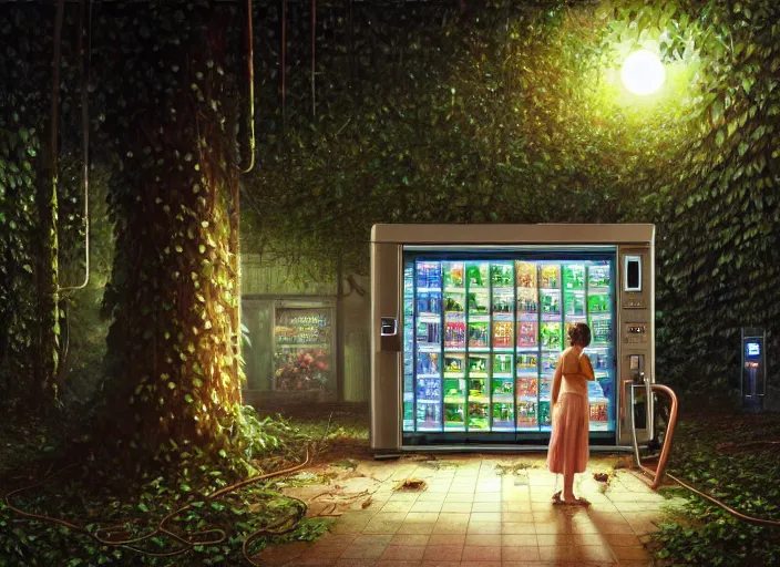 Prompt: close up of a vending machine in an abandoned shopping mall, big trees, overgrown by flower, vines, at night, rays of moonlight, full moon, hyperrealistic, highly detailed, oil painting, intricate, cgsociety, artstation, 8 k, cinematic, soft lighting, by greg rutkowski, by wlop, by artgerm