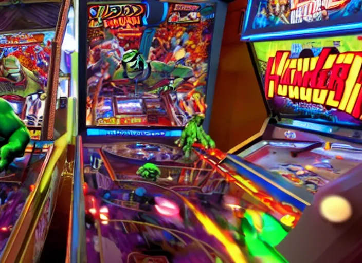 Image similar to film still of Hulk playing pinball in the new Avengers movie, 4k