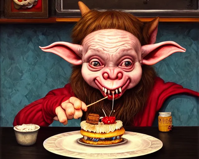 Prompt: closeup profile portrait of a medieval goblin eating cakes in a 1 9 5 0 s diner, nicoletta ceccoli, mark ryden, lostfish, max fleischer, hyper realistic, artstation, illustration, digital paint, matte paint, vivid colors, bright, cheerful, detailed and intricate environment