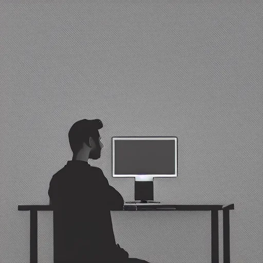 Prompt: human sitting in front of computer, vray, 5 5 mm