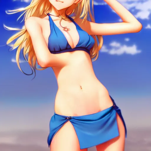Image similar to a very beautiful young anime cute girl, full body, long wavy blond hair, sky blue eyes, full round face, short smile, bikini, miniskirt, front view, medium shot, mid-shot, highly detailed, cinematic wallpaper by Stanley Artgerm Lau