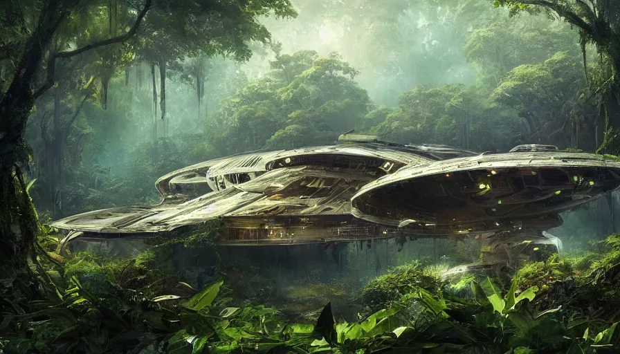 Prompt: a beautiful painting of a crashed starship enterprise in a lush jungle, ray traced lighting by kalin popov and greg rutkowski