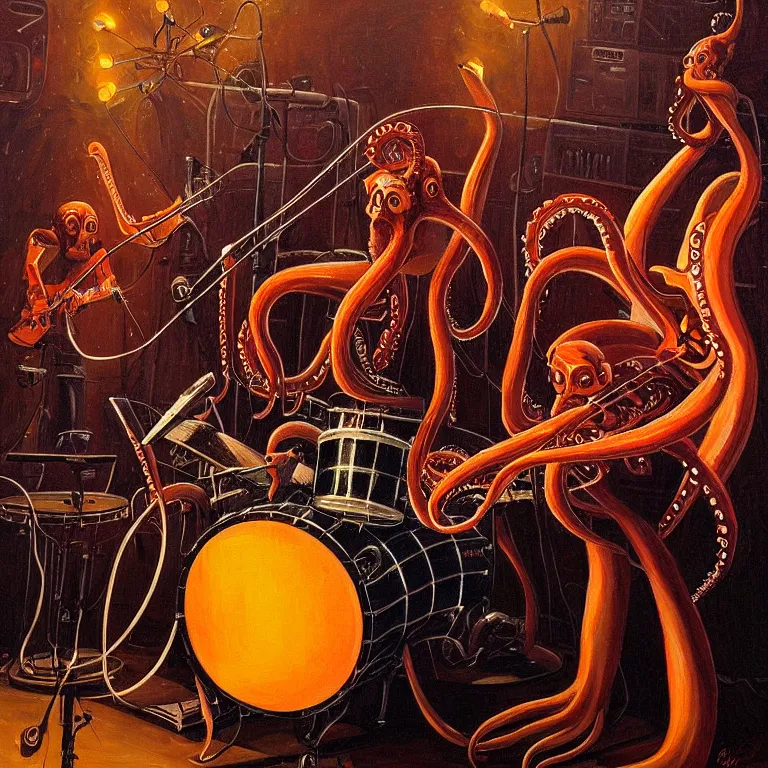 Image similar to a beautiful painting by gerald brom of a couple of octopus robots playing drums and telecaster guitar in an electronic concert, concert light, dark mood, warm lights