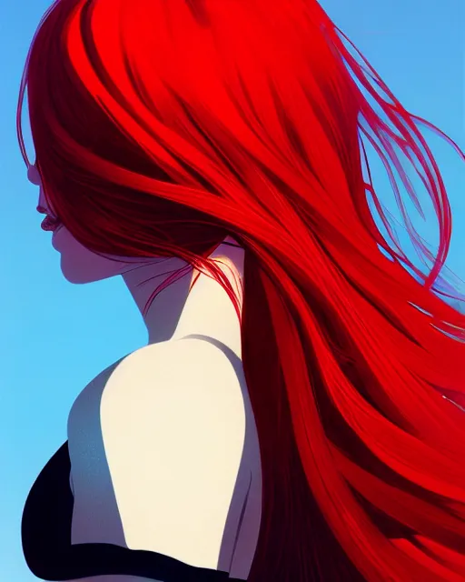 Image similar to a detailed portrait of an attractive!! woman with red hair and freckles by ilya kuvshinov, digital art, dramatic lighting, dramatic angle