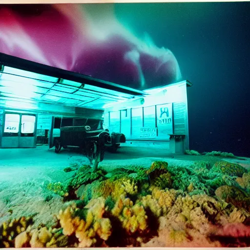 Image similar to film photography of a 1920s wooden gas station at night underwater in front of colourful underwater clouds by Kim Keever. In the foreground floats a seasnake. low shutter speed, 35mm