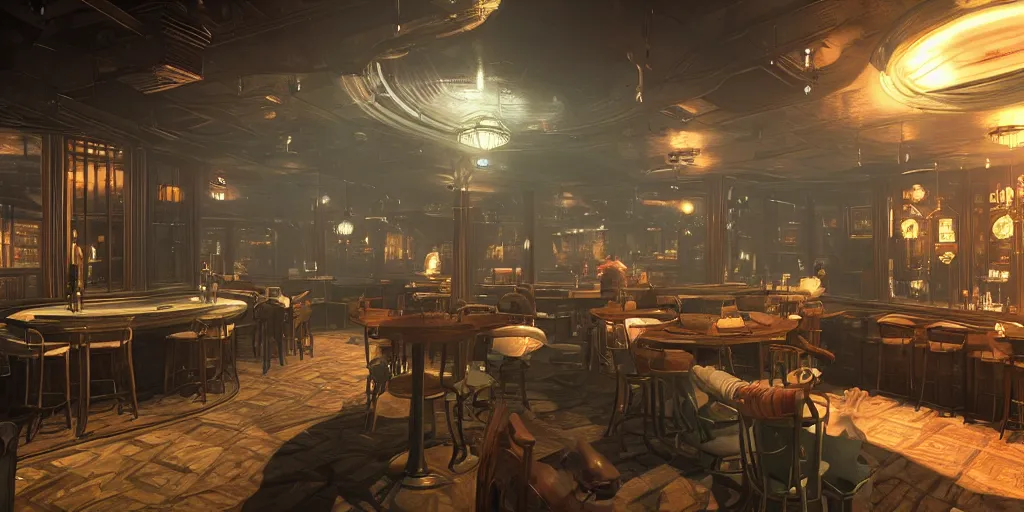 Image similar to In the world of rapture from the world of bioshock you are in a bar, there is a window that lets you see the whole city underwater and you are drinking a rum and coke