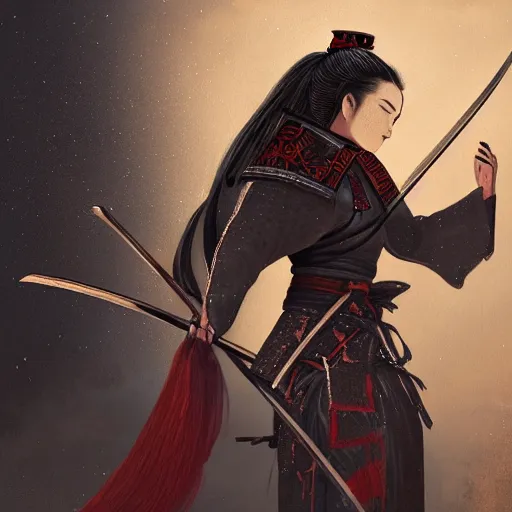 Prompt: a tarot card of a female samurai, flaming katana, ominous nighttime storm, fantasy, d & d, intricate, elegant, highly detailed, digital painting, artstation, concept art, matte, sharp focus, illustration