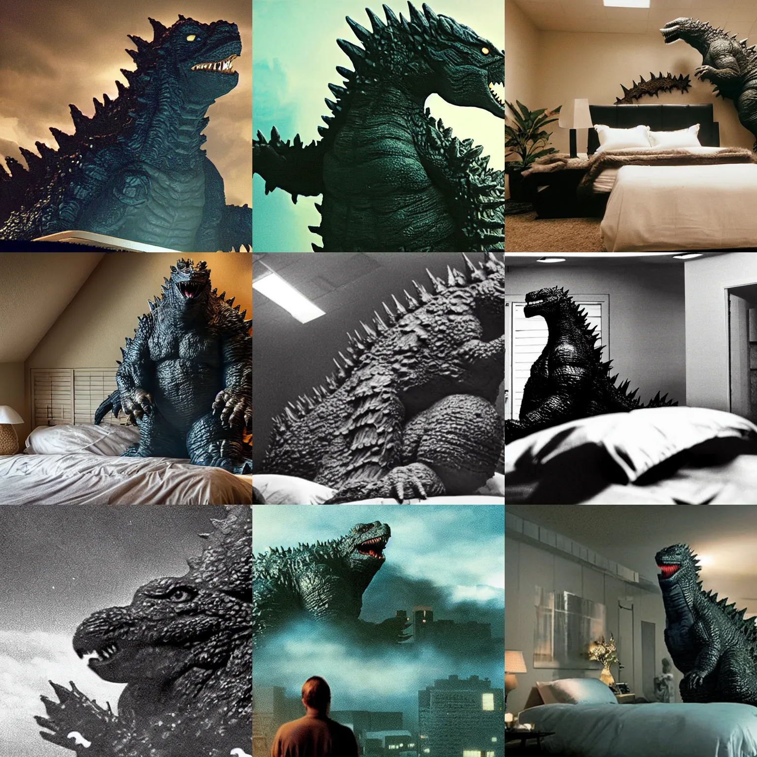 Prompt: godzilla lays in bed in a large room