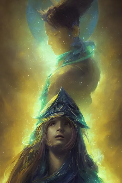 Image similar to a fancy portrait of a small golden celestial child in a blue and green portal, by greg rutkowski, sung choi, mitchell mohrhauser, maciej kuciara, johnson ting, maxim verehin, peter konig, bloodborne, 8 k photorealistic, cinematic lighting, hd, high details, dramatic, dark atmosphere, trending on artstation