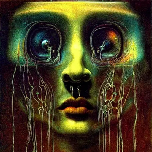 Image similar to The artificial intelligence recognizes its soul in the mirror - contest-winning artwork by Salvador Dali, Beksiński, Van Gogh, Giger, and Monet. Stunning lighting