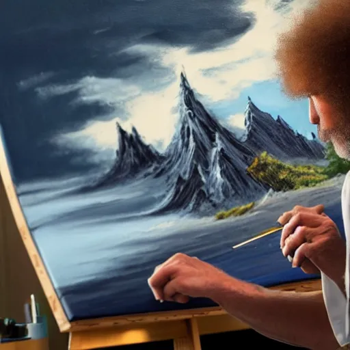 Image similar to a closeup photorealistic photograph of bob ross working on a canvas painting of batman. film still. brightly lit scene. mountains and trees. this 4 k hd image is trending on artstation, featured on behance, well - rendered, extra crisp, features intricate detail, epic composition and the style of unreal engine.