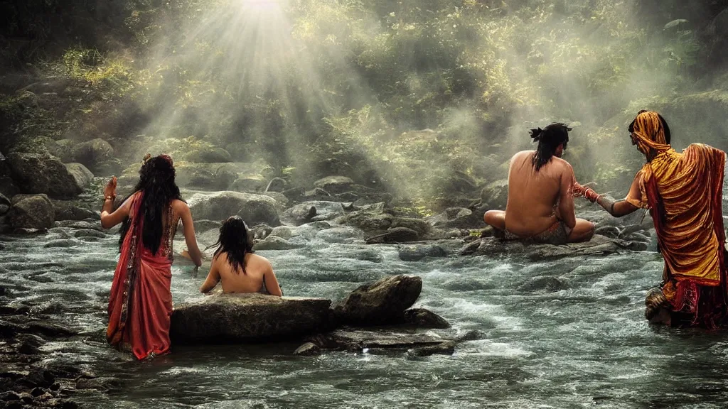 Image similar to lord shiva and his wife goddess parvati, bathing on a river, foggy morning, sun rays, atmospheric and heavenly photo