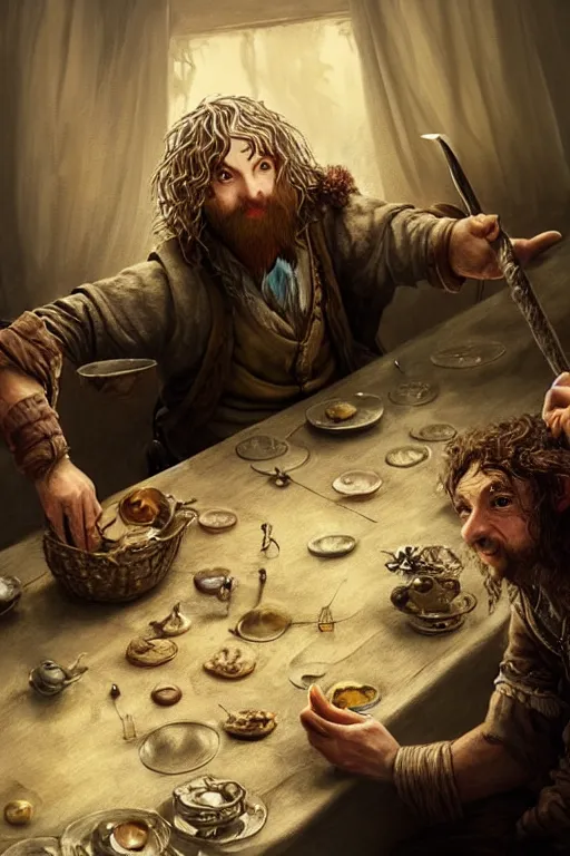 Prompt: dirty faced and very happy hobbit looking the table full of fook, fantasy, intricate, elegant, highly detailed, digital painting, artstation, concept art, addiction, chains, smooth, sharp focus, illustration, art by Ilja Repin