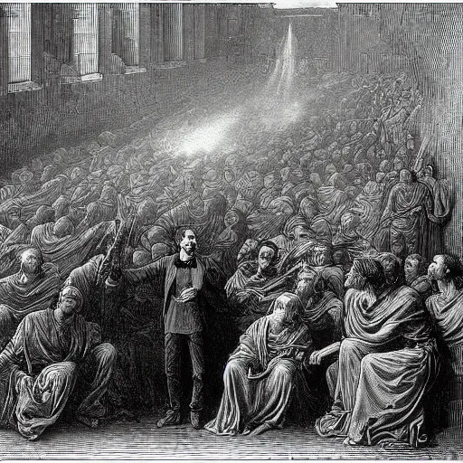 Prompt: steve jobs breaks the tablets of the law by gustave dore.