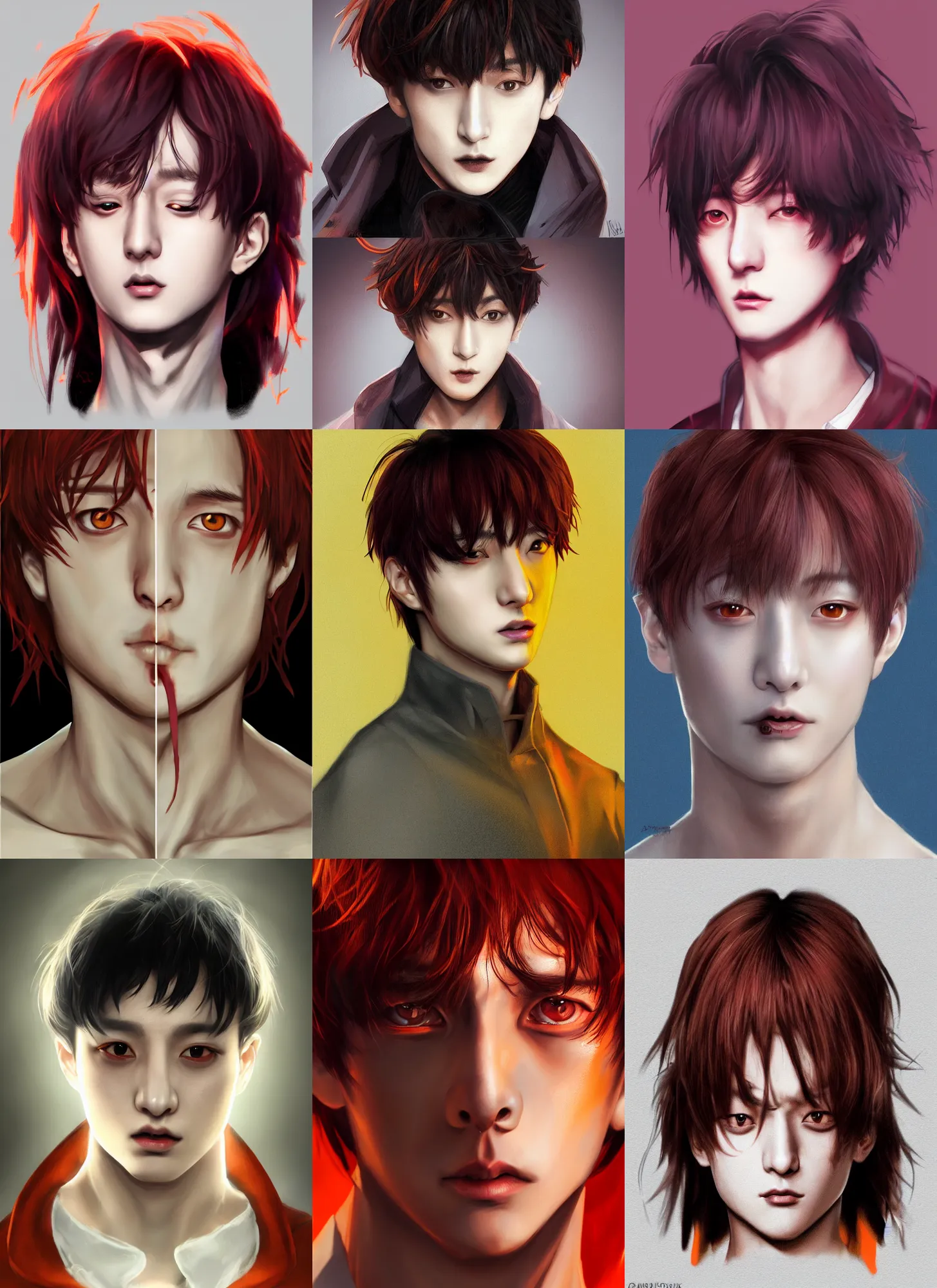 Prompt: jungkook jeon as a vampire. semi realism, anime realism, korean symmetrical face, slim face, appealing, bright eyes, slightly larger nose, photorealism, korean, korean uhd, amazing depth, glowing, golden ratio, sakimichan, greg rutowski, volumetric lighting, cinematic lighting, red orange lighting, artstation concept art