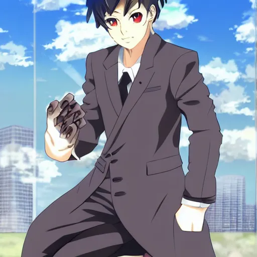 Prompt: modern anime still an anthro male wolf furry fursona in a formal outfit, handsome anime eyes, speaking with subtitles, key anime visuals