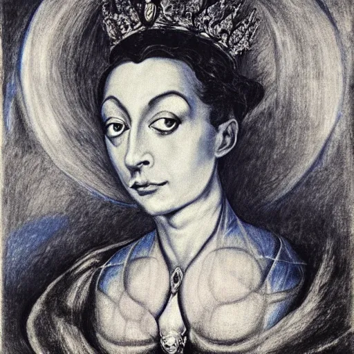 Prompt: Close-up of her majesty, pencil drawing. El Greco, Remedios Varo, Salvador Dali, Carl Gustav Carus, John Atkinson Grimshaw. Blue tint. Symetrical, logo, geometric shapes.