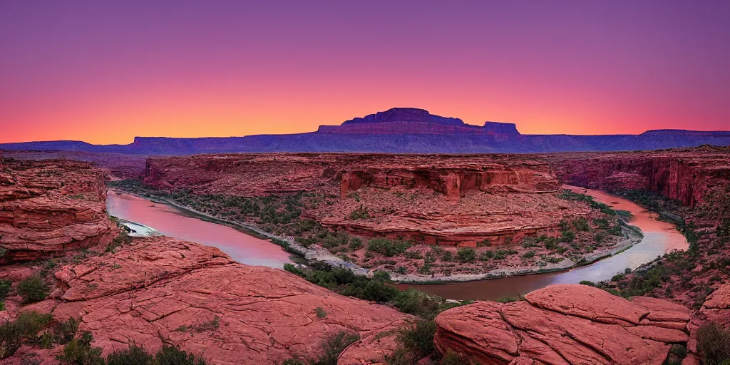 Image similar to “a river bend running through a canyon surrounded by desert mountains at sunset, moab, utah, a tilt shift photo by Frederic Church, trending on unsplash, hudson river school, photo taken with provia, national geographic photo”