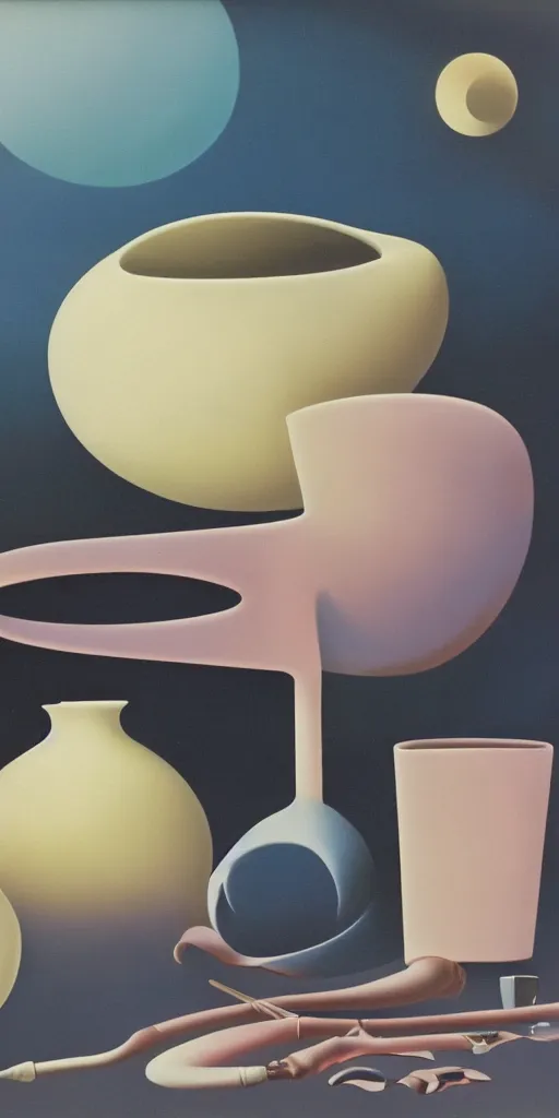 Prompt: a clean 1980s airbrush painting of varied objects and shapes in a softly lit surreal space