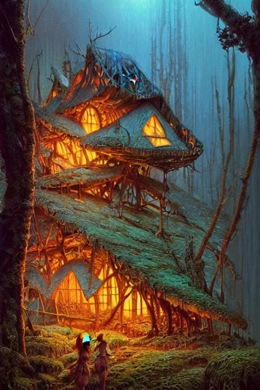 Prompt: a storybook style ramshackle multistory fairytale hut in the forest, by Bruce Pennington, intricate, elegant, fantasy, highly detailed, digital painting, concept art, sharp focus, artstation