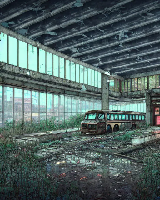 Image similar to a beautiful detailed illustration of abandoned building bus station by denise scott brown, apocalyptic tundra reclaimed by nature wilderness magic realism junglepunk liberty city studio ghibli thermal vision poppy cyberpunk meadow thermal imaging darkacademia biopunk dramatic lighting, archdaily, wallpaper, highly detailed, trending on artstation.