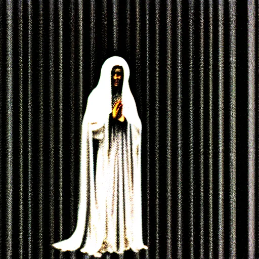 Image similar to vhs static overlay of marian apparition, vhs, 1 9 9 0, highly realistic, highly detailed, vhs noise static, black and white, vhs glitch