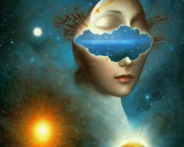 Image similar to universe a cosmology quest a mental state, a closeup simple vector pop surrealism, by ( leonardo da vinci ) and greg rutkowski and rafal olbinski