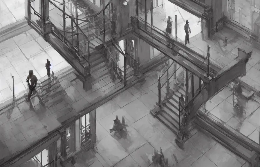 Prompt: greg manchess concept art of a the escher stairs dimension, key visual, ambient lighting, highly detailed, digital painting, artstation, concept art, sharp focus, by makoto shinkai and akihiko yoshida and hidari and wlop and greg rutkowski