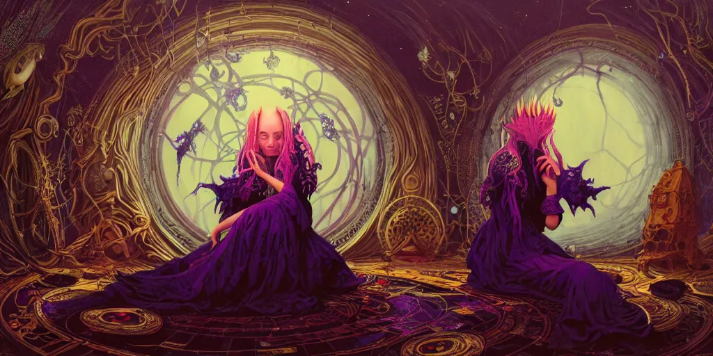 Image similar to wide shot picture of a maximalist dress witch sitting on the floor and researching about the azathoth, extremely beautiful and aesthetic and detailed cute face and eyes, very huge magic circles on hand, with familiar sprites, in the magic room, chiaroscuro, intricate, masterpiece, fantasy illustrations by anato finnstark and jeremy lipking and peter mohrbacher