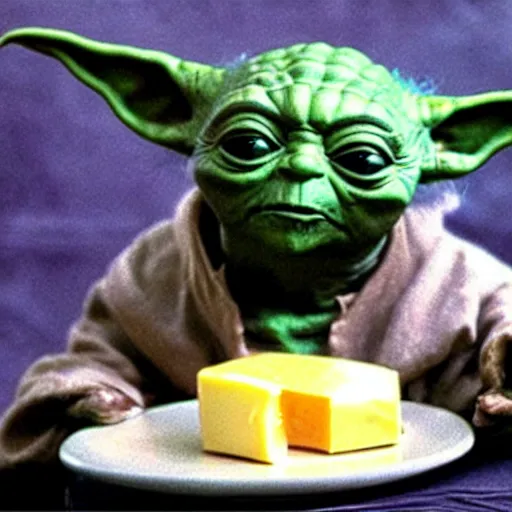 Prompt: yoda eating cheese