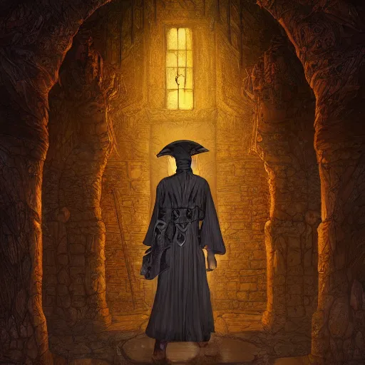 Prompt: digital painting of a sorcerer in a dungeon by Gerald Brom, hyperdetailed, intricate robe, torches, trending on Artstation