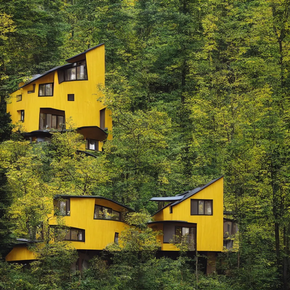 Image similar to a tiny flat horizontal house in the black forest, designed by Frank Gehry. Big tiles. Small wooden pathway . Film grain, cinematic, yellow hue