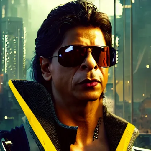 Prompt: Shah Rukh Khan, as a character from Cyberpunk 2077, looking at camera, intricate, sci-fi, extremely detailed, surreal, hyper realistic, in the background cyperpunk-2077-city, trending on artstation, 8K, HD